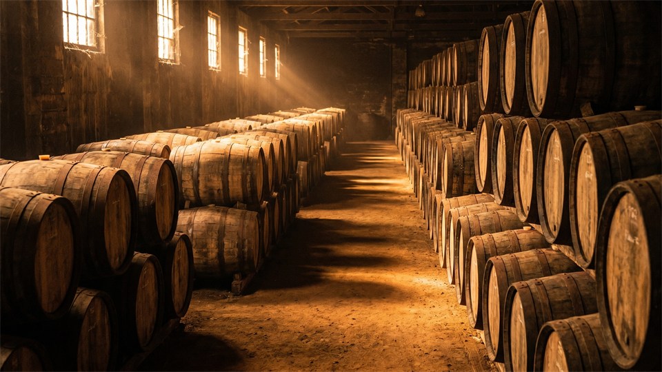 Wooden barrels with aging rum in a dark warehouse