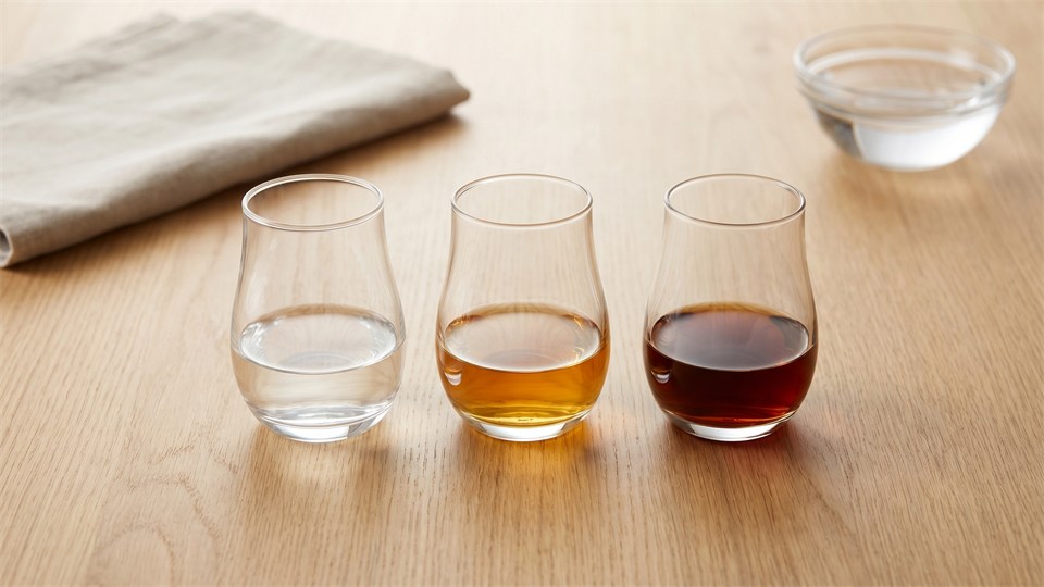Tasting several glasses of rum on a table