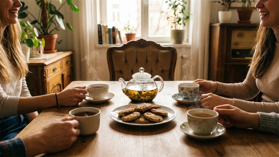 Service du thé en vrac dans de jolies tasses sur une table