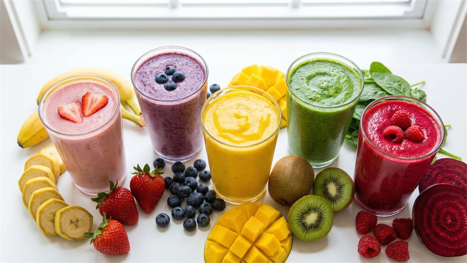 Forskellige smoothies i glas omgivet af friske frugter