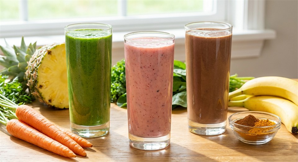 Tre forskellige smoothies i glas – én grøn, én lyserød, én brun – på et lyst bord med frugt og krydderier omkring.