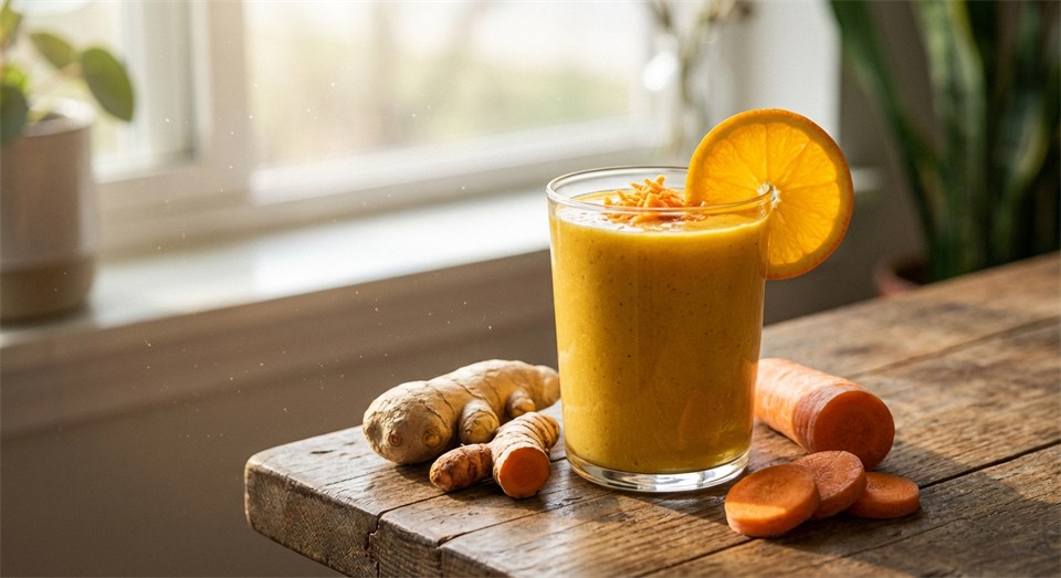 Krydret gulerods-smoothie i et glas, med frisk ingefær og gulerod ved siden af.