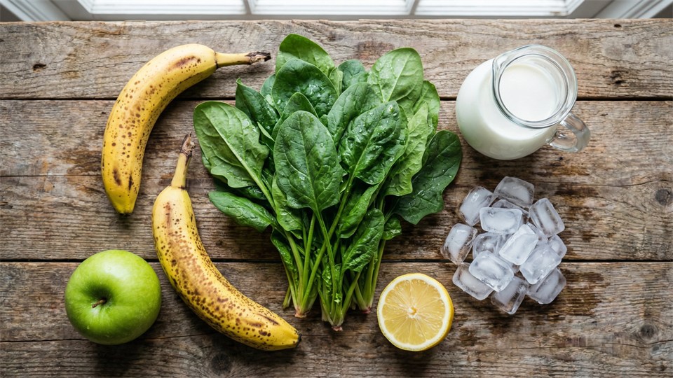 Ingredienser til grøn smoothie: spinat, banan, æble, citron, mælk