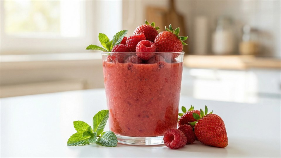 Jordbær-hindbær smoothie i glas med friske bær