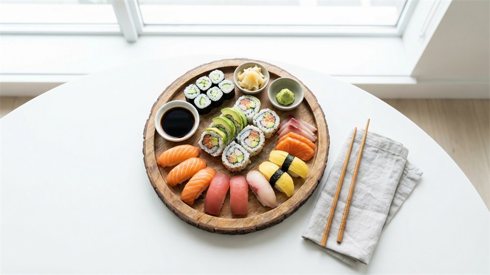 Et udvalg af klassisk sushi – nigiri, maki og sashimi – serveret på et træfad med spisepinde