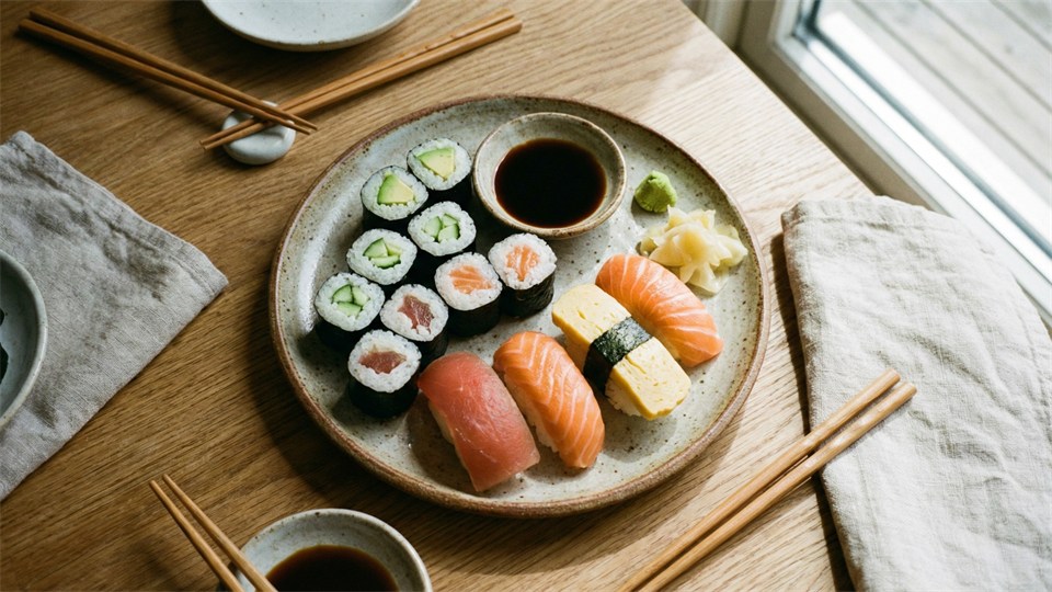 Simpel hjemmelavet sushi med maki og nigiri på en tallerken