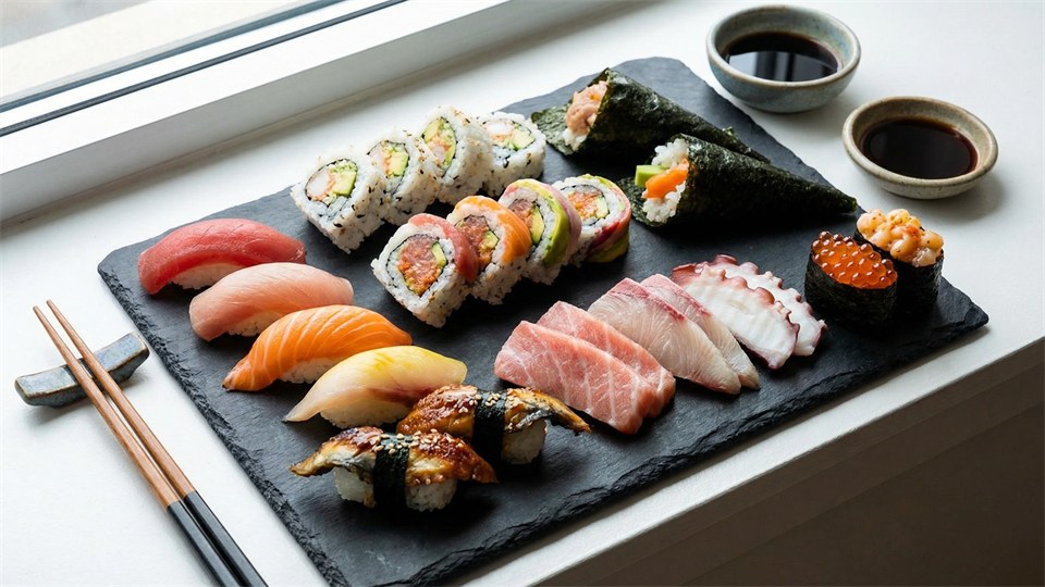 Et udvalg af forskellige typer sushi anrettet smukt på et fad