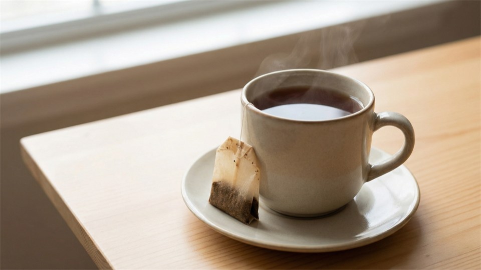 En kop med dampende te og et tebrev lige ved siden af