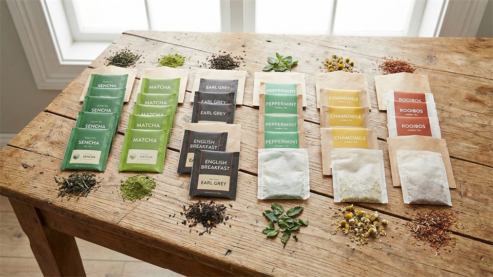 Forskellige tebreve, grøn te, sort te og urtete, på et bord