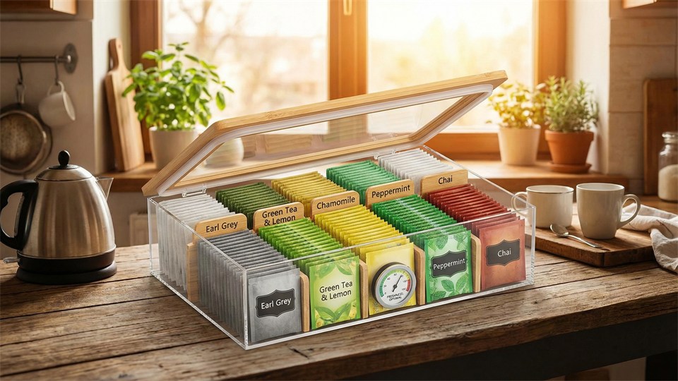 En lufttæt teæske med forskellige tebreve organiseret