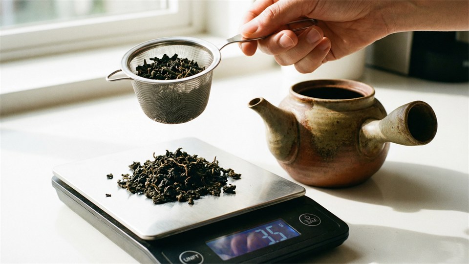 Pesée du thé en vrac et utilisation d’une passoire et d’une théière