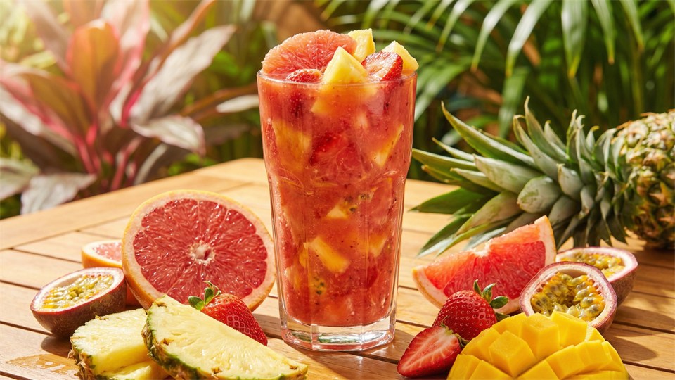 Tropisk rød smoothie med grape og ananas i glas