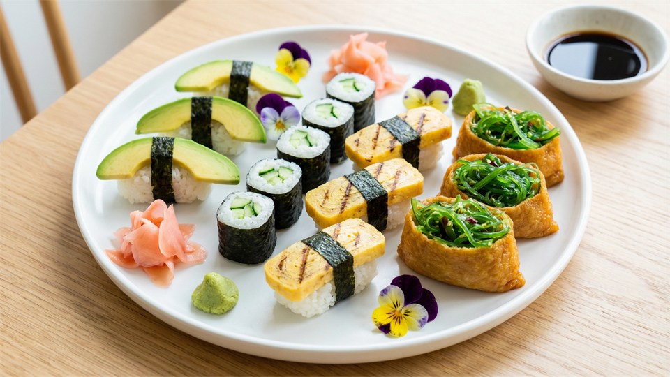 Forskellige vegetariske og veganske sushi-bidder på fad
