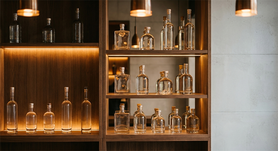 Selection of different vodka bottles on a shelf