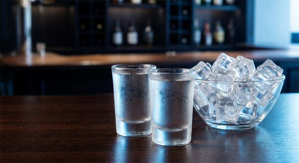 Vodka served cold in small glasses with ice on the side