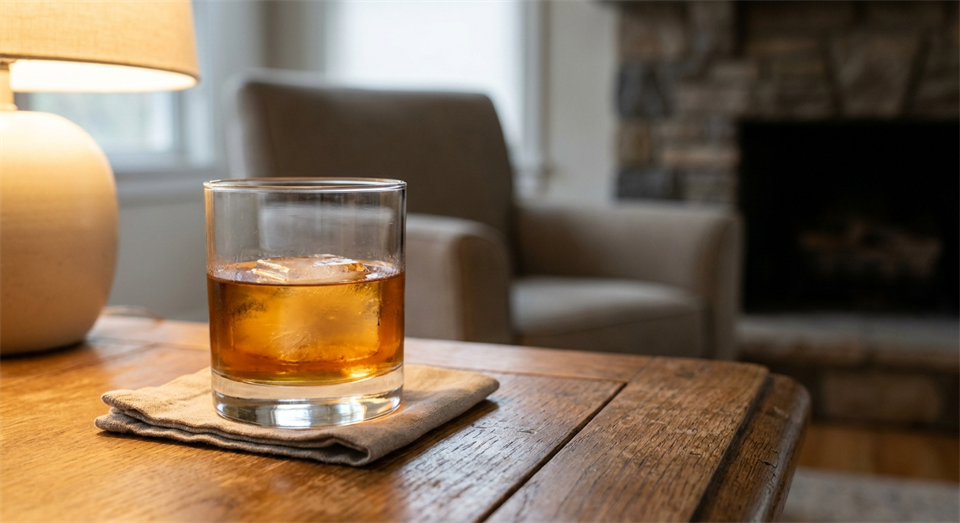 Whiskey servi dans un verre adapté sur une table