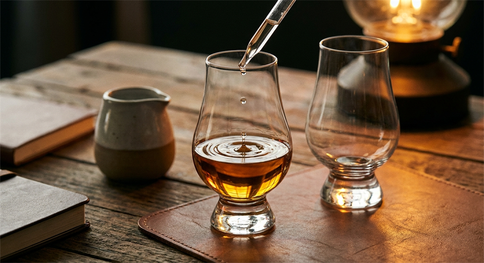 Dégustation de whiskey avec verres et pipette d’eau