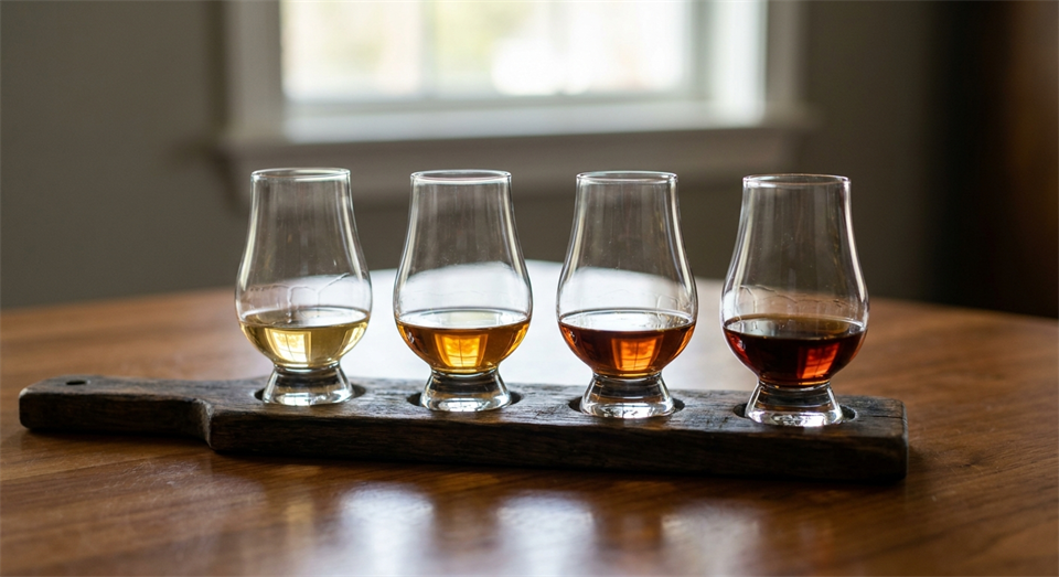 Plusieurs verres contenant différents types de whiskey