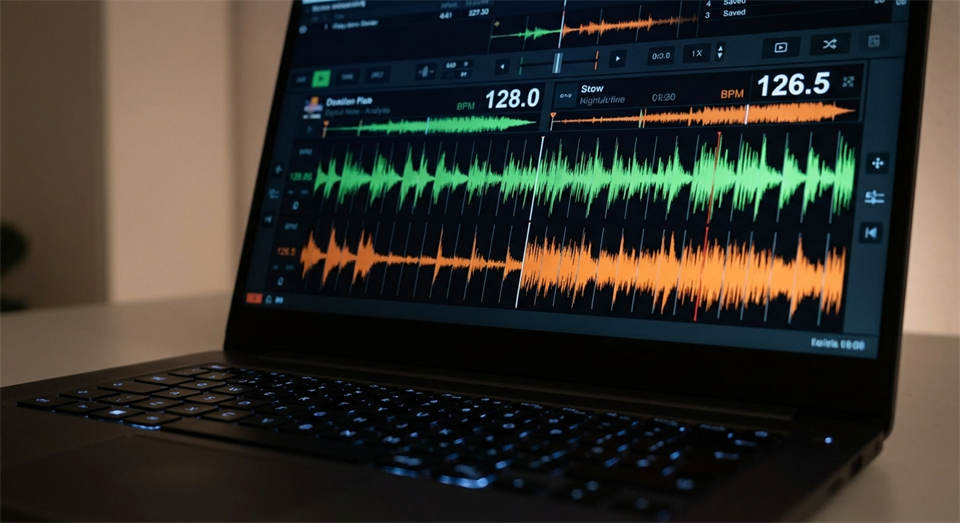 Bølgeformsvisning af to tracks med BPM-tal på DJ-software