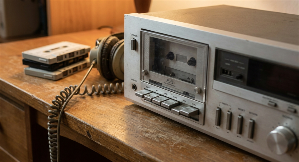 Lecteur de cassette sur une table à côté de cassettes audio éparpillées