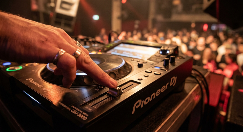 Nærbillede af DJ-hænder der justerer pitch-fader på CDJ