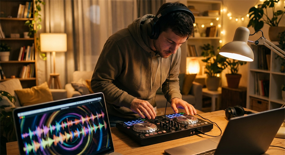 DJ practicando puntos cue y drops en un controlador