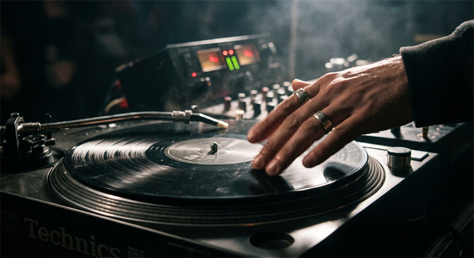 DJ der scratcher på vinylpladespiller