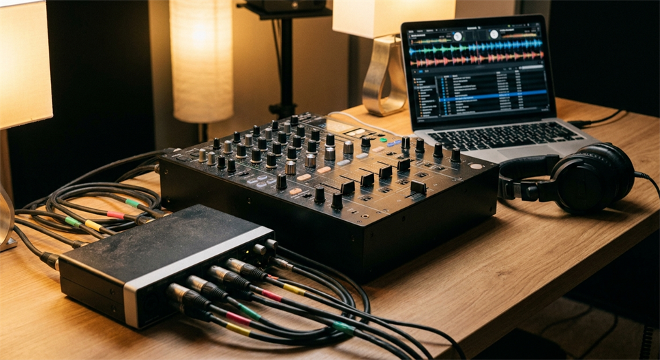 Audio routing for a DJ stream with mixer, audio interface, and computer