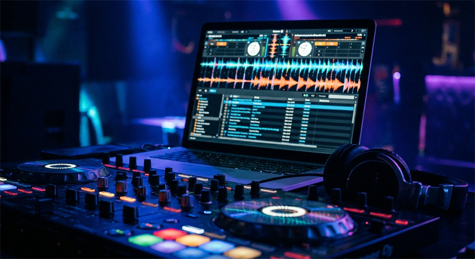 Software de DJ con formas de onda y drop marcado en la música