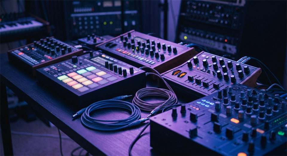 Synthesizer, DJ-Mixer und elektronische Musikstimmung im Clublicht