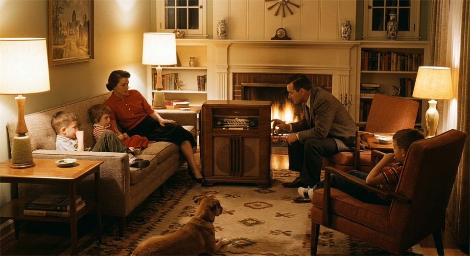 Une famille écoute la radio dans le salon