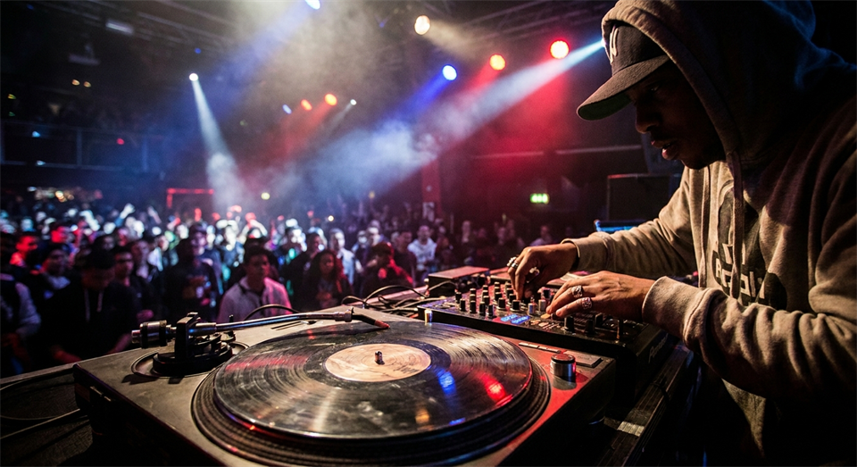 DJ faisant du scratch sur vinyle pendant une performance live