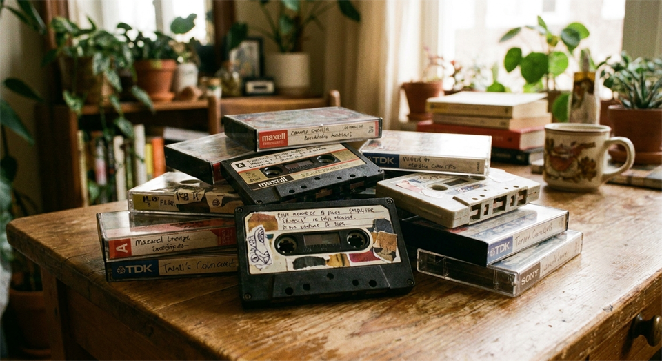 Pile de cassettes audio avec des étiquettes manuscrites