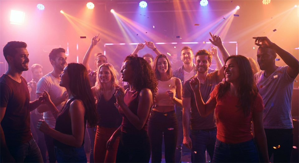 Bunte Tanzfläche mit Popmusik und klarer Gesangsstimmung