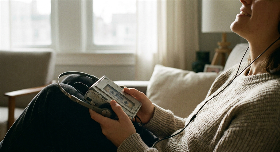 Personne écoutant de la musique sur un lecteur de cassette portable avec un casque