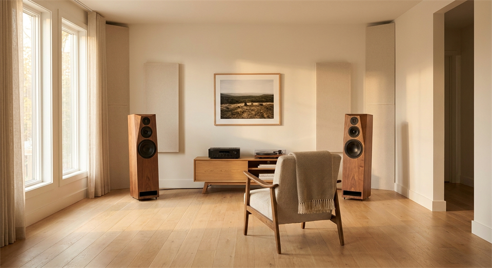 Haut-parleurs correctement placés dans un salon avec position d’écoute