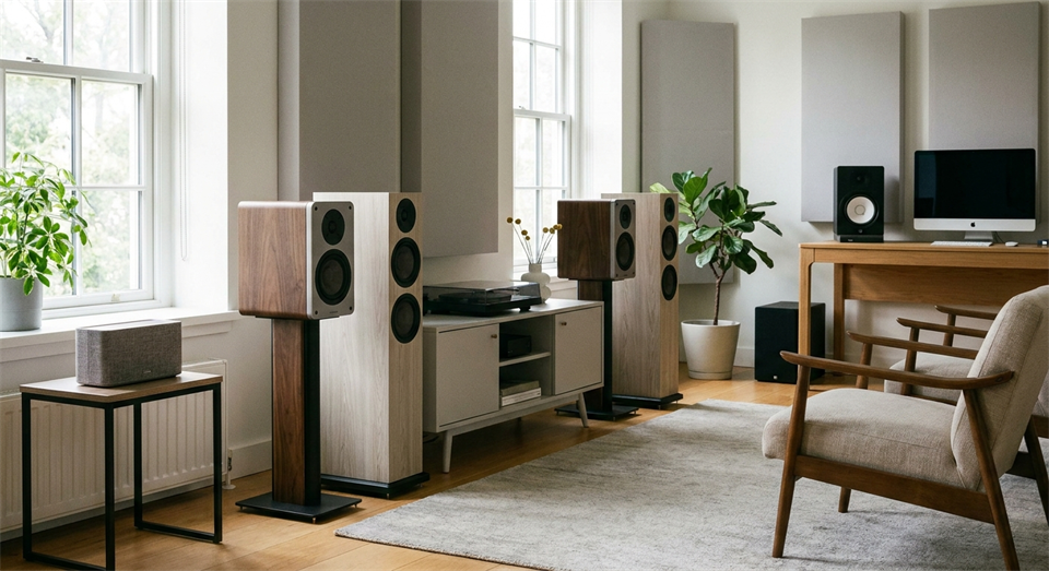 Différents types de haut-parleurs placés dans une salle d’écoute moderne