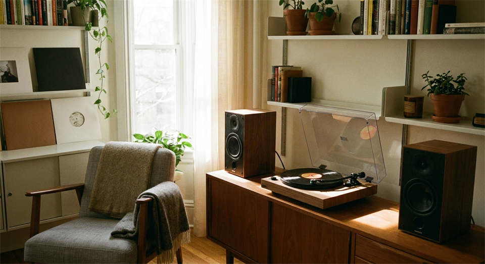 Tocadiscos en una sala de escucha tranquila con portadas de álbumes