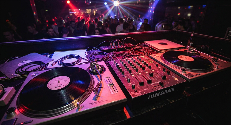 Deux platines et une table de mixage dans un environnement de club