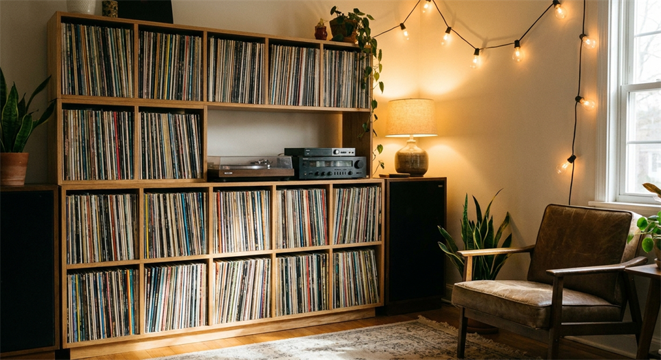 Colección de discos de vinilo colocados en una estantería