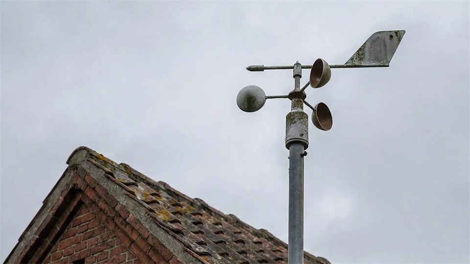 An anemometer on top of a roof measuring wind speed