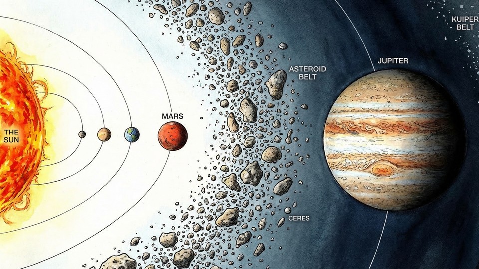 Illustration de la ceinture d'astéroïdes entre Mars et Jupiter