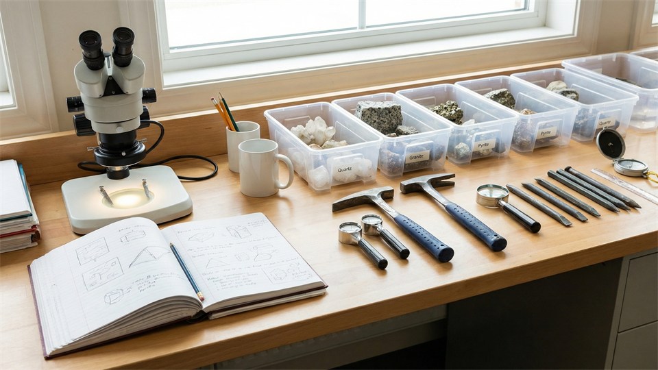 Herramientas geológicas y muestras en un laboratorio