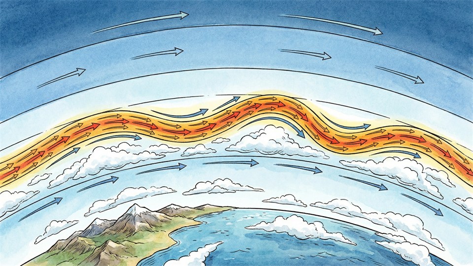 Cross-section of the atmosphere showing the position and direction of the jet stream