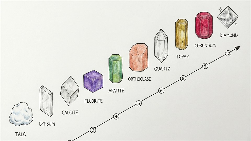 Illustration de l'échelle de dureté de Mohs avec différents minéraux
