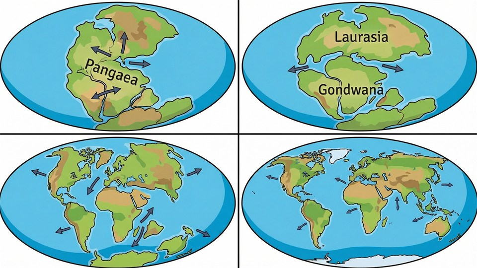 Illustration of Pangaea and the breakup of the continents over time