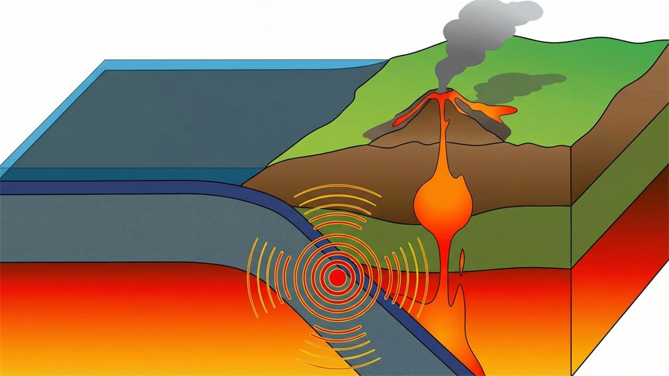 Illustration of a plate boundary with volcano and earthquake