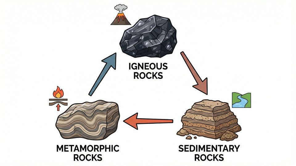 Illustration avec roches magmatiques, sédimentaires et métamorphiques