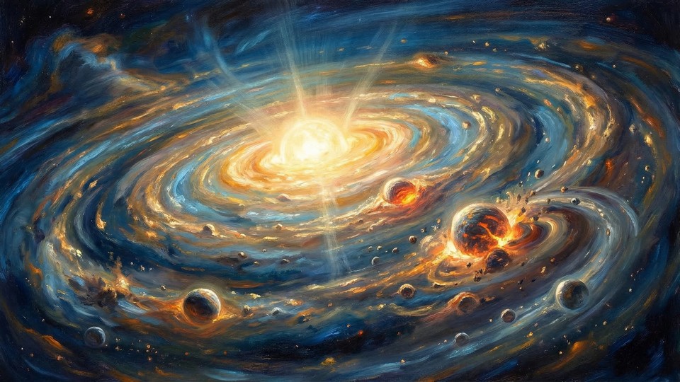 Représentation artistique de l'agglomération de la nébuleuse solaire en Soleil et planètes