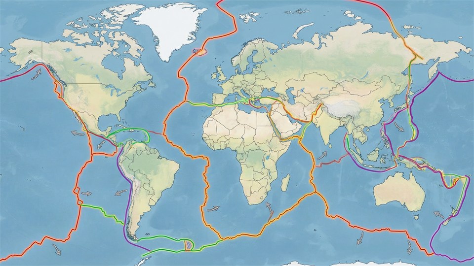 World map with tectonic plates and the positions of the continents
